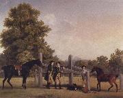 George Stubbs The Third Duke of Portand and his Brother,Lord Edward Bentinck,with Two Horses at a Leaping Bar oil on canvas